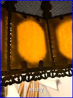 Cast Brass Ornate Table Lamp 10 Pane Slag  Glass Dual Pull Chain