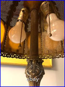 Cast Brass Ornate Table Lamp 10 Pane Slag  Glass Dual Pull Chain