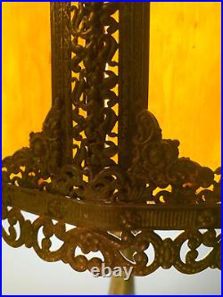 Cast Brass Ornate Table Lamp 10 Pane Slag  Glass Dual Pull Chain