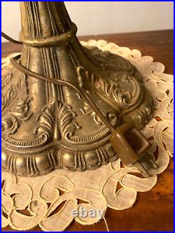 Cast Brass Ornate Table Lamp 10 Pane Slag  Glass Dual Pull Chain