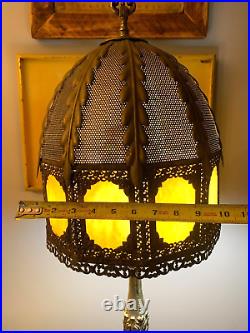 Cast Brass Ornate Table Lamp 10 Pane Slag  Glass Dual Pull Chain
