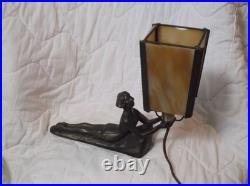 Chandler Art Deco Lady Nymph Bronze Base Lamp Slag Glass Shade, rewired