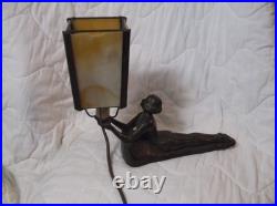 Chandler Art Deco Lady Nymph Bronze Base Lamp Slag Glass Shade, rewired