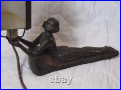 Chandler Art Deco Lady Nymph Bronze Base Lamp Slag Glass Shade, rewired