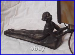 Chandler Art Deco Lady Nymph Bronze Base Lamp Slag Glass Shade, rewired