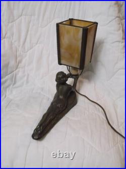 Chandler Art Deco Lady Nymph Bronze Base Lamp Slag Glass Shade, rewired