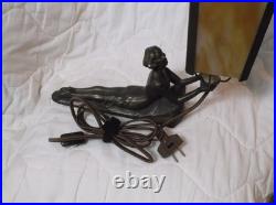 Chandler Art Deco Lady Nymph Bronze Base Lamp Slag Glass Shade, rewired