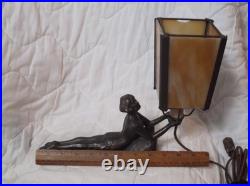 Chandler Art Deco Lady Nymph Bronze Base Lamp Slag Glass Shade, rewired