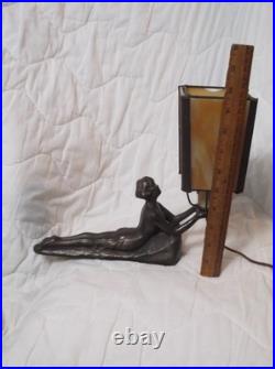 Chandler Art Deco Lady Nymph Bronze Base Lamp Slag Glass Shade, rewired