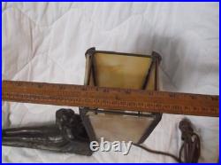 Chandler Art Deco Lady Nymph Bronze Base Lamp Slag Glass Shade, rewired