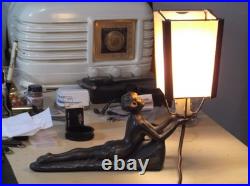 Chandler Art Deco Lady Nymph Bronze Base Lamp Slag Glass Shade, rewired