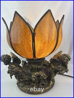 Cherub Table Lamp Slag Glass Tulip Shade Art Nouveau