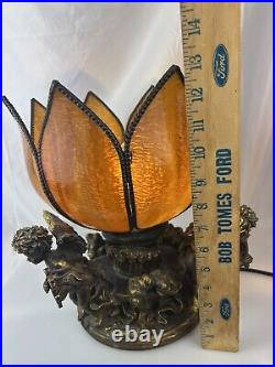 Cherub Table Lamp Slag Glass Tulip Shade Art Nouveau