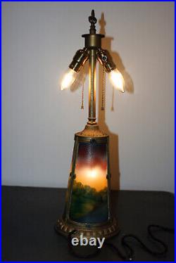 Chipped Ice Reverse Painted Lighted Slag Glass Table Lamp Base Phoenix