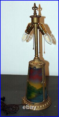 Chipped Ice Reverse Painted Lighted Slag Glass Table Lamp Base Phoenix