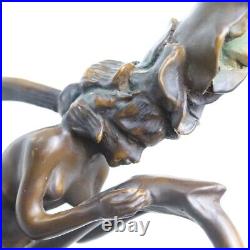 Circa 1920s/30s Bronze Sculptural Nymph Art Nouveau Lamp Slag Leaded Glass Shade