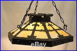 Classic Mission Arts and Crafts Hexagon Slag Glass Ceiling Lamp, Rare Find