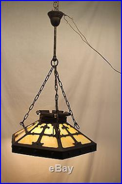 Classic Mission Arts and Crafts Hexagon Slag Glass Ceiling Lamp, Rare Find