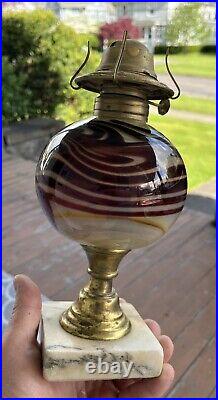 Contemporary Vintage Slag Art Oxblood Type Swirl Ball Glass KEROSENE OIL LAMP