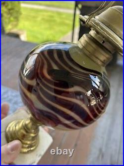 Contemporary Vintage Slag Art Oxblood Type Swirl Ball Glass KEROSENE OIL LAMP