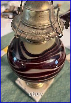 Contemporary Vintage Slag Art Oxblood Type Swirl Ball Glass KEROSENE OIL LAMP