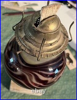 Contemporary Vintage Slag Art Oxblood Type Swirl Ball Glass KEROSENE OIL LAMP