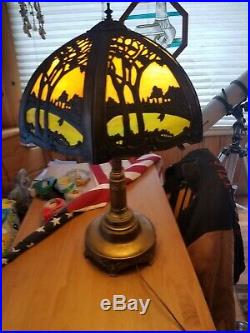 Craftsman Bronze Lamp. Slag Glass Scene. Appx. 32 in height, and 22 across