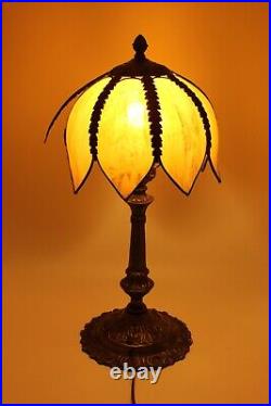 Curved Stained Glass 8 Panel Bent Tulip Slag Lamp Shade Art Nouveau Vtg READ