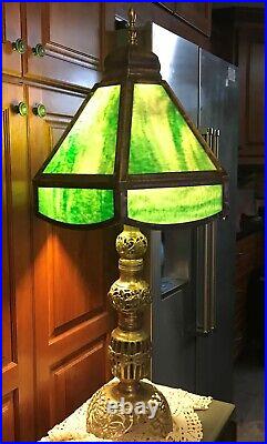 Custom Made Lamp Beautiful Green Slag Glass 18wide Top & Ornate Brass Base 38