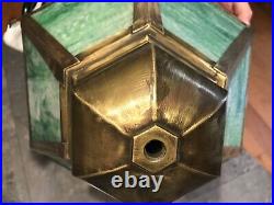 Custom Made Lamp Beautiful Green Slag Glass 18wide Top & Ornate Brass Base 38