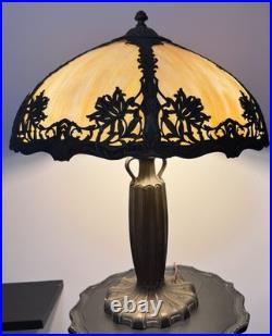 Domed Antique Art Nouveau Slag Glass Table Lamp, Caramel, Gold, Ivory Scalloped