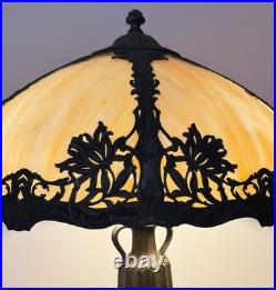 Domed Antique Art Nouveau Slag Glass Table Lamp, Caramel, Gold, Ivory Scalloped