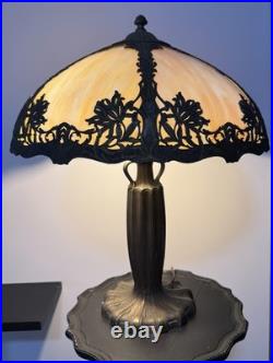 Domed Antique Art Nouveau Slag Glass Table Lamp, Caramel, Gold, Ivory Scalloped