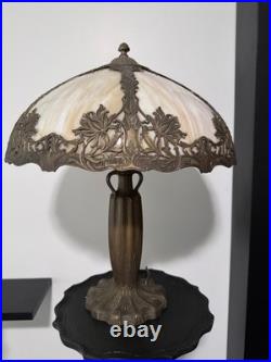 Domed Antique Art Nouveau Slag Glass Table Lamp, Caramel, Gold, Ivory Scalloped