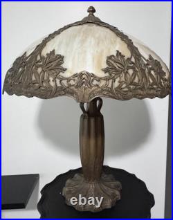 Domed Antique Art Nouveau Slag Glass Table Lamp, Caramel, Gold, Ivory Scalloped