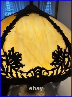 Domed Antique Art Nouveau Slag Glass Table Lamp, Caramel, Gold, Ivory Scalloped