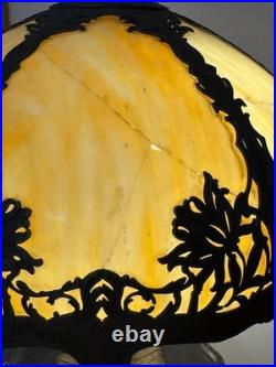 Domed Antique Art Nouveau Slag Glass Table Lamp, Caramel, Gold, Ivory Scalloped