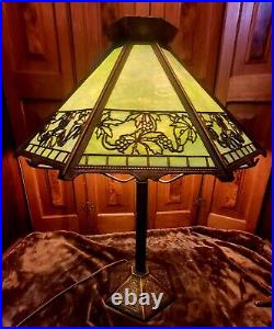 Double Signed Bradley & Hubbard 6 Panel Slag Glass Table Lamp