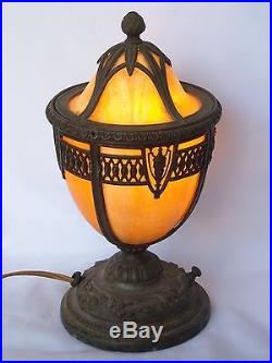 Early Vintage Slag Glass Panel Electric Boudoir Lamp Urn Shaped Removeable Top