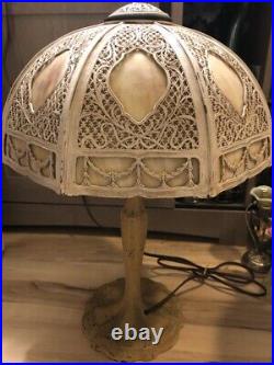 Early 1900's Ornate Filigree 8 Panel Bent Caramel Swirl Slag Glass Lamp