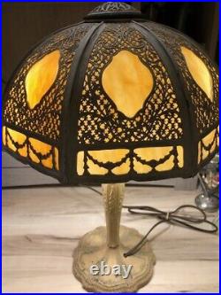 Early 1900's Ornate Filigree 8 Panel Bent Caramel Swirl Slag Glass Lamp