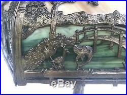 Early 20th C Antique Signed Rainaud Slag Glass Panel Lamp Japanese Garden Scene