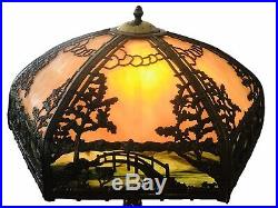Early 20th C Antique Signed Rainaud Slag Glass Panel Lamp Japanese Garden Scene