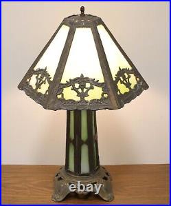 Early 20th Century Bronze Art Deco Green Slag Glass Table Lamp