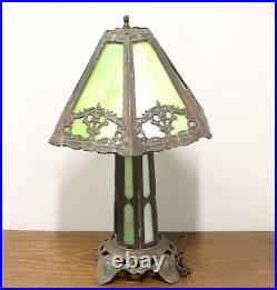 Early 20th Century Bronze Art Deco Green Slag Glass Table Lamp