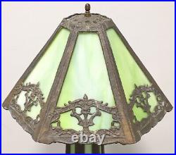 Early 20th Century Bronze Art Deco Green Slag Glass Table Lamp