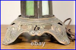 Early 20th Century Bronze Art Deco Green Slag Glass Table Lamp