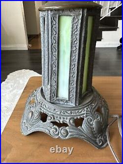 Early 20th Century Bronze Art Deco Green Slag Glass Table Lamp-Looks Stunning