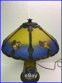 Early 20th Century Reverse Painted Chipped Ice Pansies Slag Glass Panel Lamp