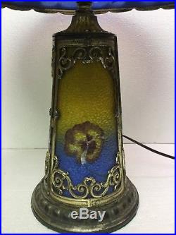 Early 20th Century Reverse Painted Chipped Ice Pansies Slag Glass Panel Lamp